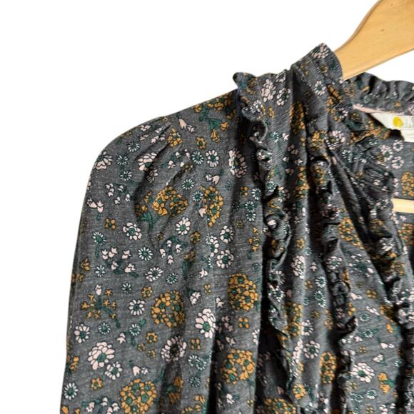 Boden Ruffle Jersey Gray Floral Print Long Sleeve Modest Blouse Size 4 - Picture 6 of 14